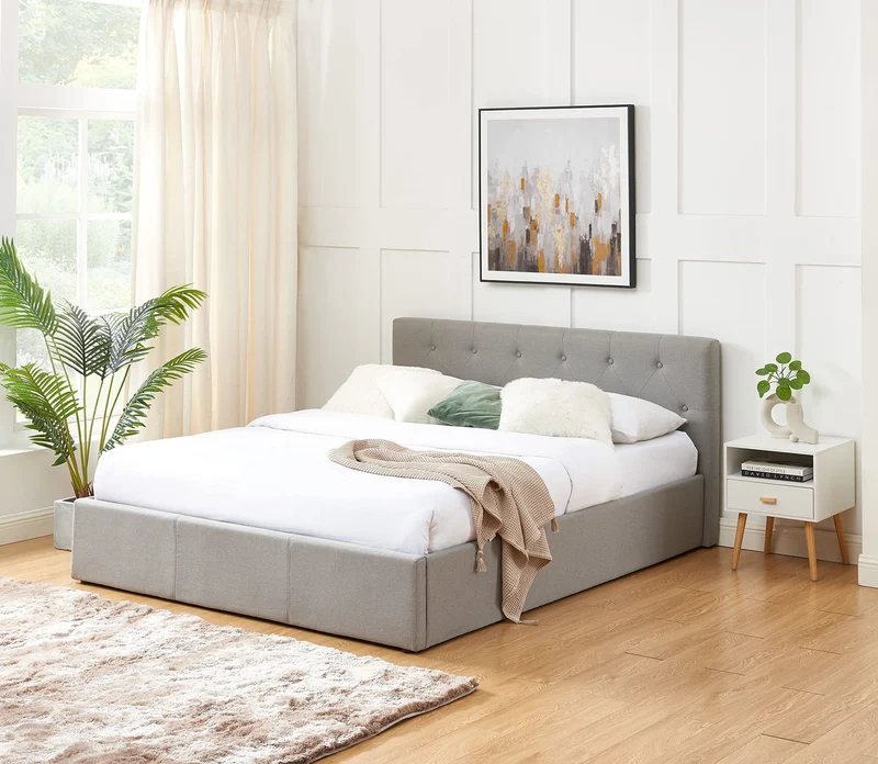 BAÏTA - Lit Coffre Tissu Bahia Gris 160x200 sommier Inclus