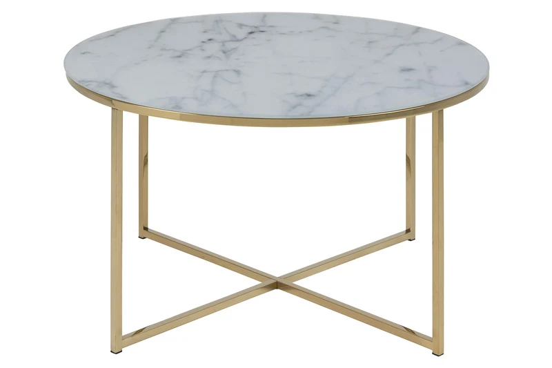 AC Design Furniture Antje Table Basse Ronde, Ø: 80 x 45 cm, Aspect Marbre Blanc /Or, Verre/Metal, 1 pc