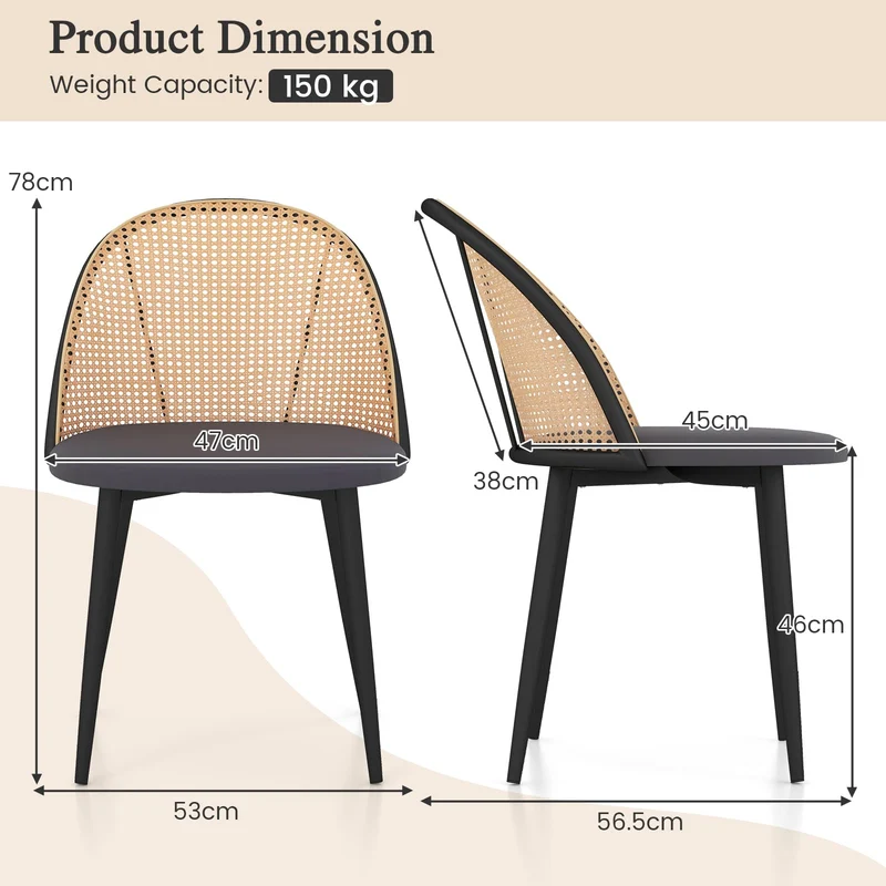 Giantex Lot de 2 Chaises de Salle à Manger en Rotin sans Accoudoirs, Dossier en Rotin, Pieds en Métal, Chaise de Cuisine Moderne Rembourrée du Milieu du Siècle, Chaises d'Appoint pour Salon, Café