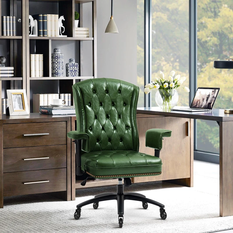 YAMASORO Fauteuil Bureau 150kg Rétro en Cuir Vert avec Roues en Caoutchouc, Chaise de Bureau Ergonomique avec Dossier Haut, Cuir Ciré Oli Vert