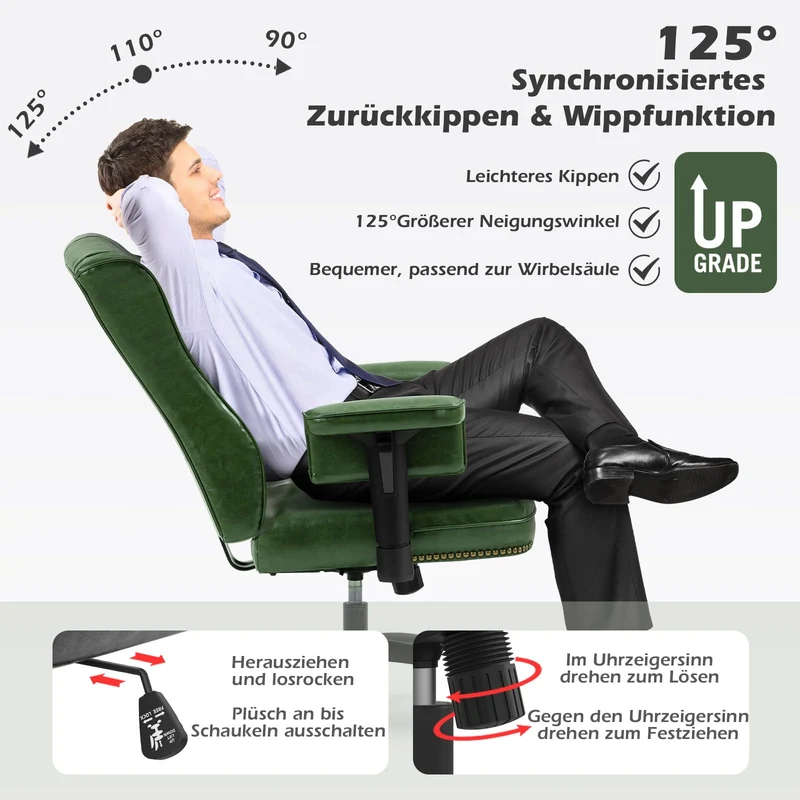 YAMASORO Fauteuil Bureau 150kg Rétro en Cuir Vert avec Roues en Caoutchouc, Chaise de Bureau Ergonomique avec Dossier Haut, Cuir Ciré Oli Vert
