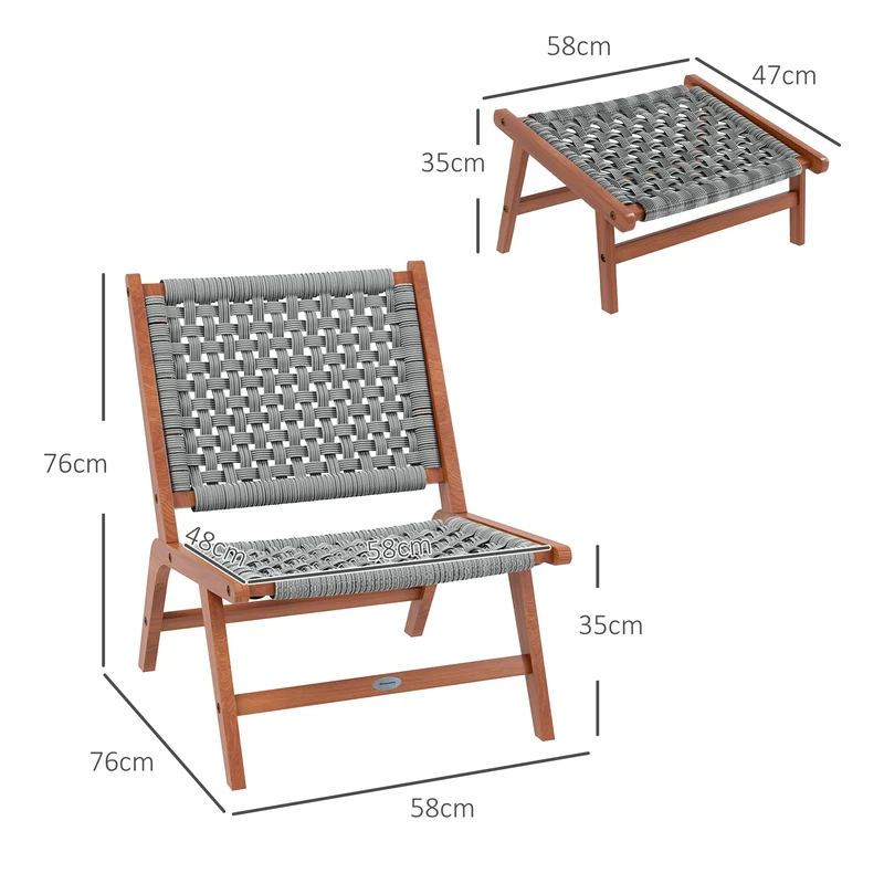 Outsunny Fauteuil de Jardin avec Repose-Pieds - Chaise Relax en Bois d'acacia et Corde résine tressée - Naturel, Gris