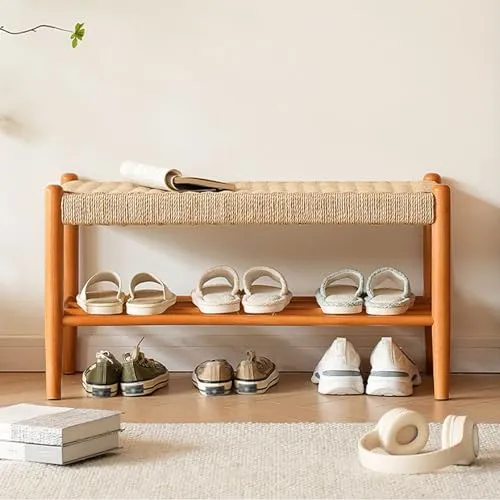 CVERTHAF Banc à Chaussures en Bois Massif avec Coussin de siège en rotin, Tabouret à Chaussures créatif pour entrée, Banc de Rangement Multifonctionnel pour Chaussures (Taille : 23,6/31,5 Pouces)