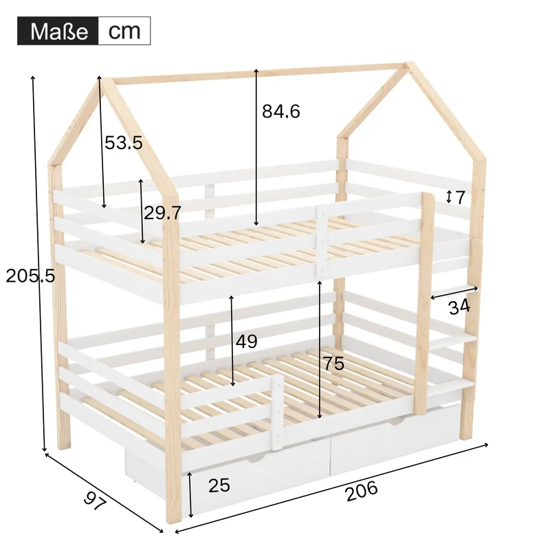 Lit cabane Enfant 90x200 avec Grands tiroirs,lit Mezzanine 90x200,lit superposé 2 Places 90x200,lit Enfant en Forme de Maison,lit Double,lit Maison en Bois de pin pour Enfant 90 x 200 cm,Blanc Bois
