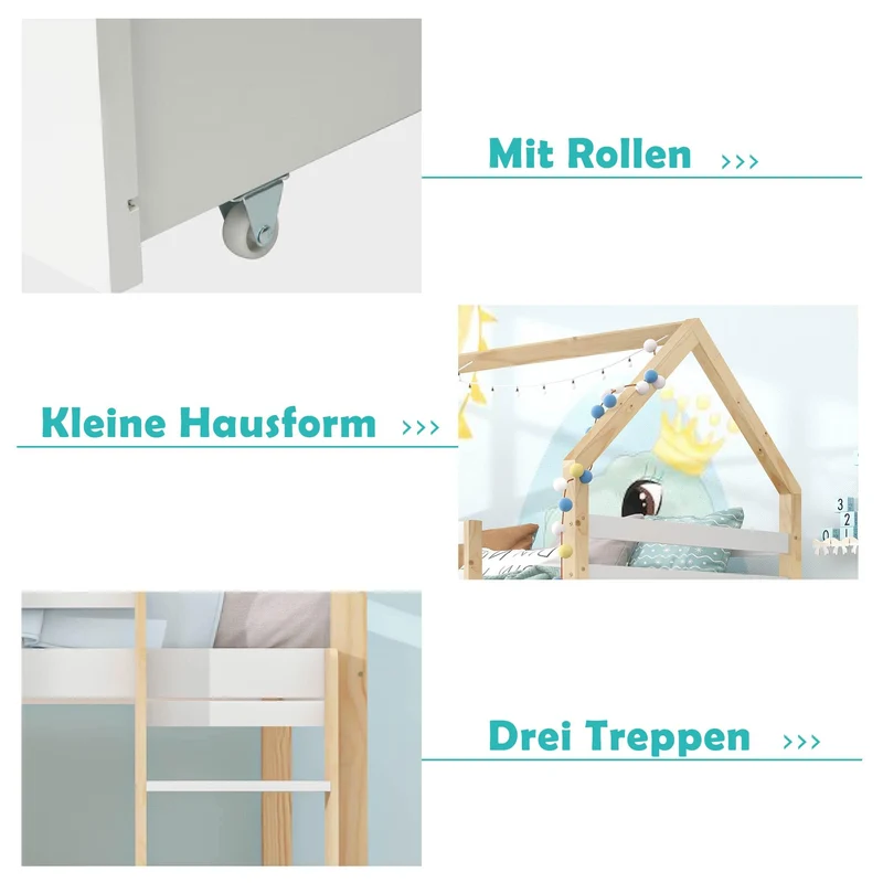Lit cabane Enfant 90x200 avec Grands tiroirs,lit Mezzanine 90x200,lit superposé 2 Places 90x200,lit Enfant en Forme de Maison,lit Double,lit Maison en Bois de pin pour Enfant 90 x 200 cm,Blanc Bois