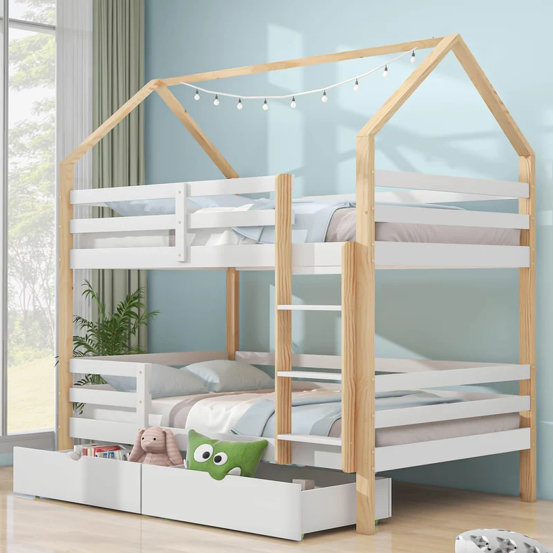 Lit cabane Enfant 90x200 avec Grands tiroirs,lit Mezzanine 90x200,lit superposé 2 Places 90x200,lit Enfant en Forme de Maison,lit Double,lit Maison en Bois de pin pour Enfant 90 x 200 cm,Blanc Bois