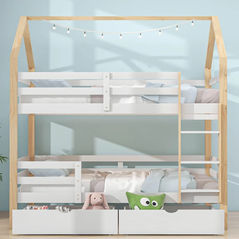 Lit cabane Enfant 90x200 avec Grands tiroirs,lit Mezzanine 90x200,lit superposé 2 Places 90x200,lit Enfant en Forme de Maison,lit Double,lit Maison en Bois de pin pour Enfant 90 x 200 cm,Blanc Bois