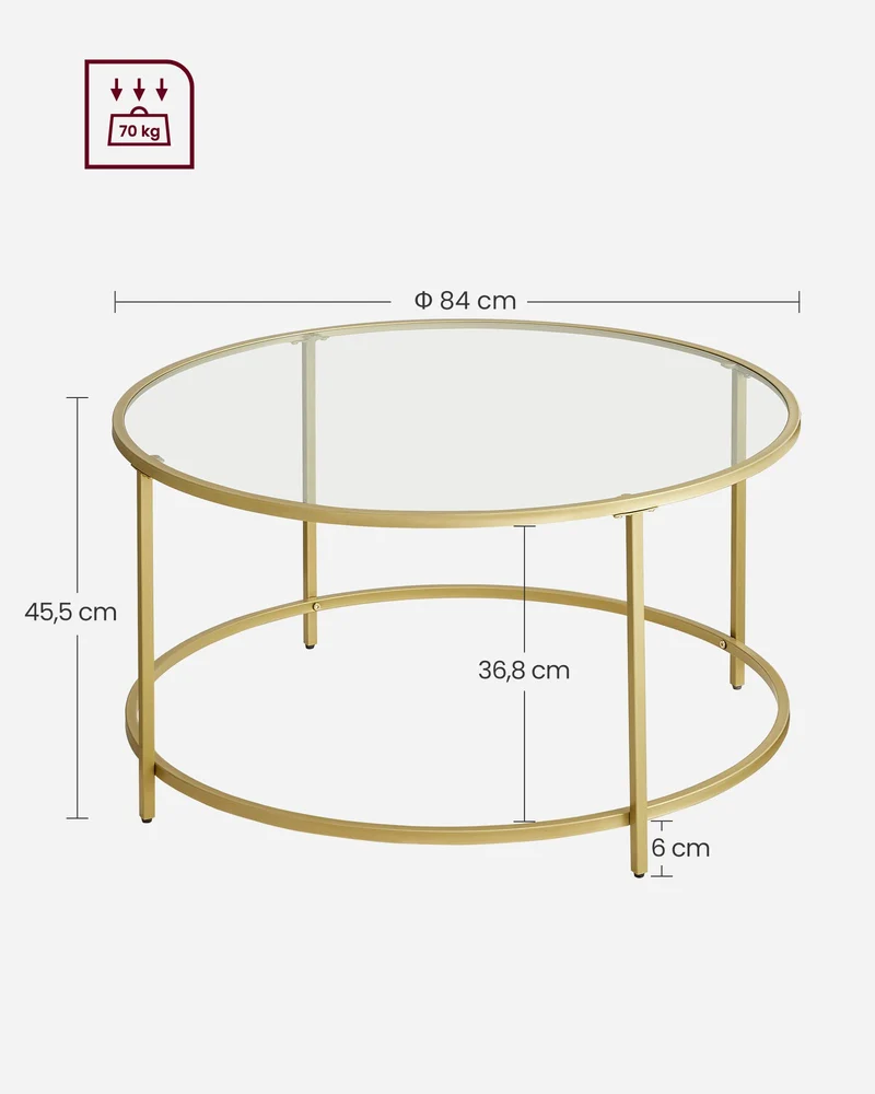 VASAGLE Table Basse Salon, Meuble de Salon en Verre, Cadre en AER, Table Basse Ronde, Doré LGT21G