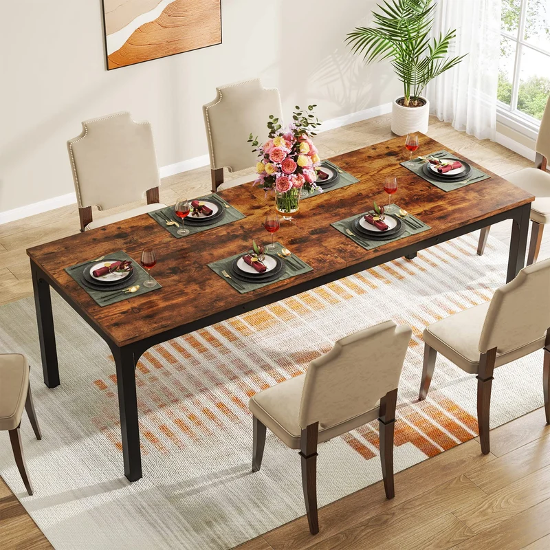 Tribesigns Table de Salle à Manger Industrielle de 200 x 70 x 75 cm, Table de Cuisine pour 6 à 8 Personnes, Table de Salle à Manger Rectangulaire pour Salle à Manger, Cuisine, Salon, Marron Rustique
