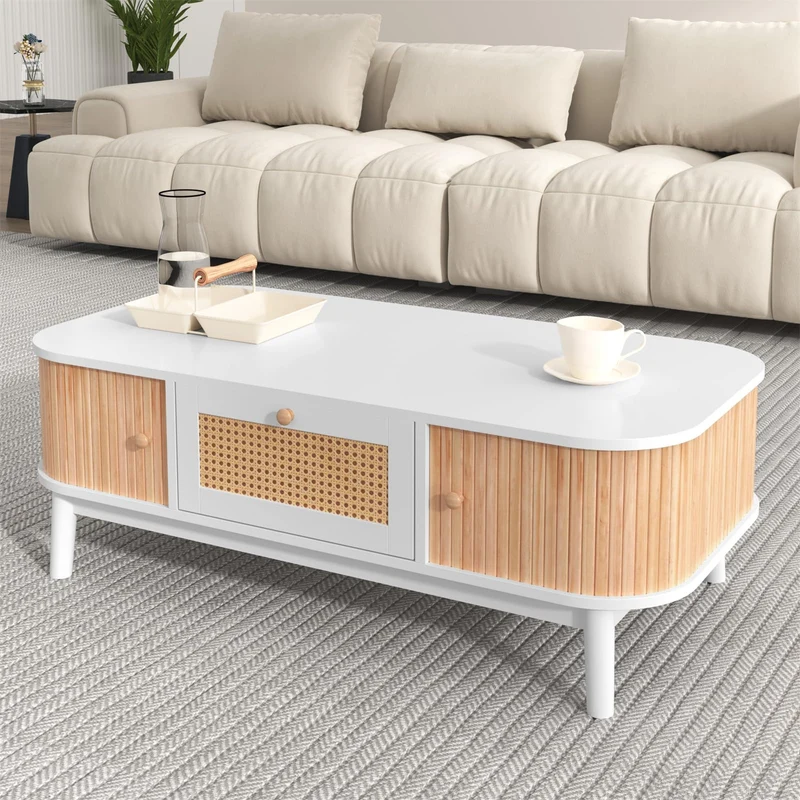 Sweiko Table basse en rotin blanc avec tiroirs en rotin et portes coulissantes avec lattes en bois massif, pieds en bois massif, 110 x 55 x 38,5 cm (L x l x H)