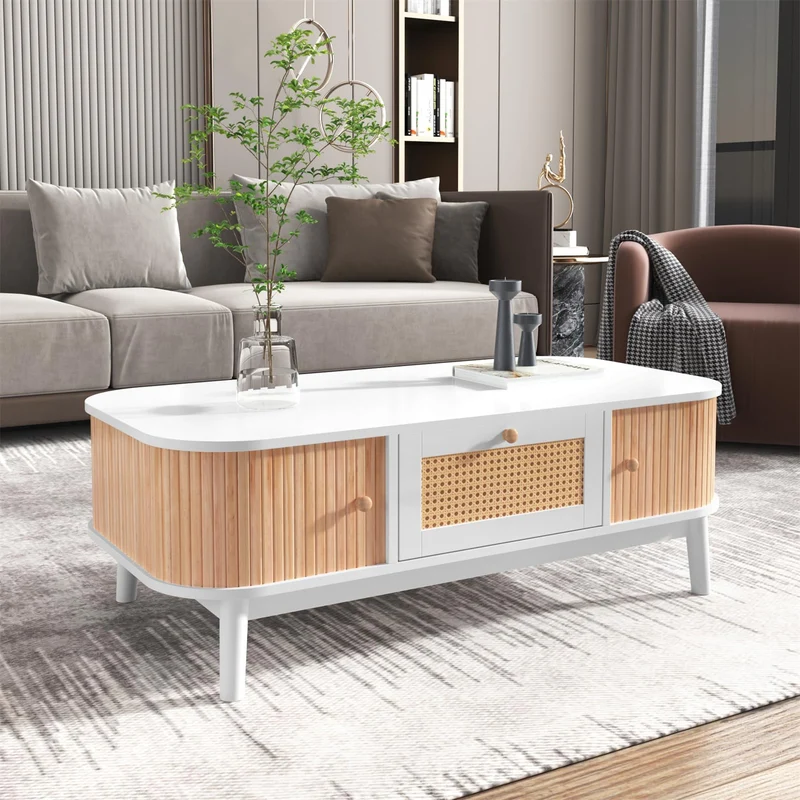 Sweiko Table basse en rotin blanc avec tiroirs en rotin et portes coulissantes avec lattes en bois massif, pieds en bois massif, 110 x 55 x 38,5 cm (L x l x H)