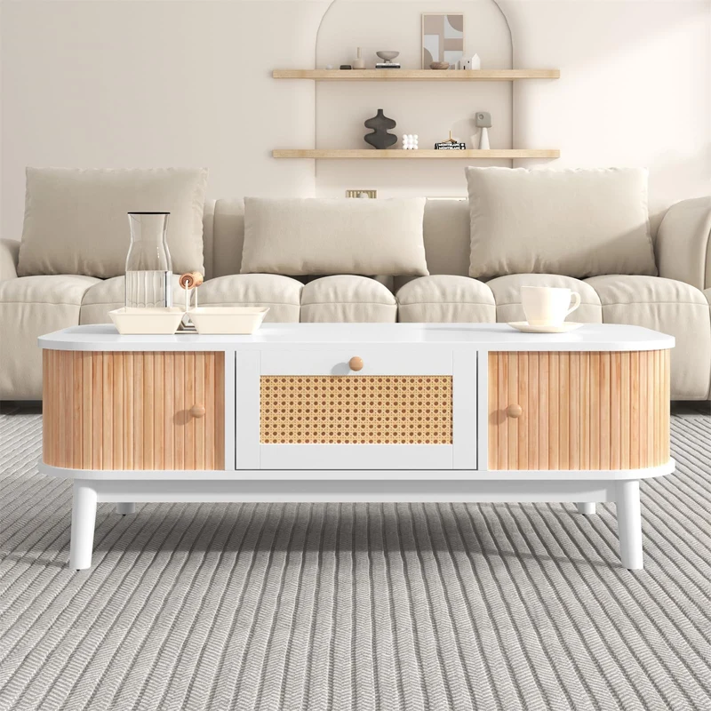 Sweiko Table basse en rotin blanc avec tiroirs en rotin et portes coulissantes avec lattes en bois massif, pieds en bois massif, 110 x 55 x 38,5 cm (L x l x H)
