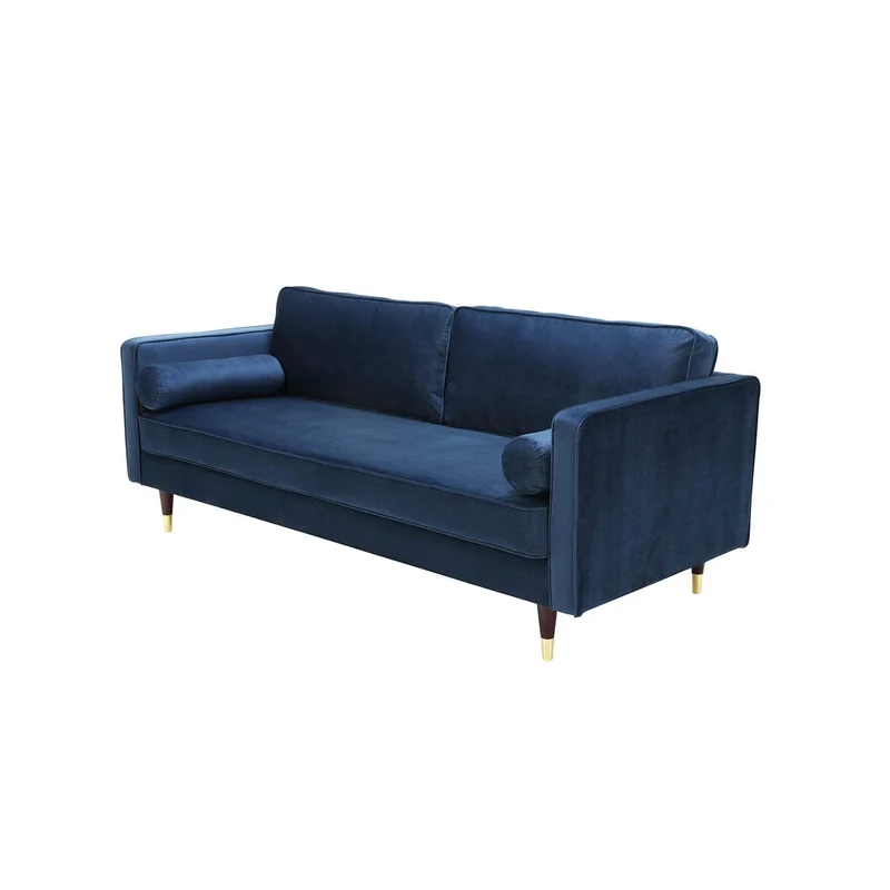 CONCEPT USINE - Canapé Nalha Bleu en Velours 3 Places - Revêtement en Velours 100% Polyester - avec Accoudoirs - 2 Longs Coussins Ronds Déhoussables - Largeur 199 cm - Résistant, Design Élégant