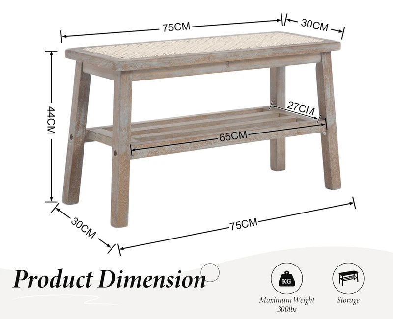 Wahson Banc à Entrée Moderne et Rétro Banc à Chaussures Banc de Rangement, Banc avec Étagère de Rangement, Banc Bois et Rotin pour Salon et Entrée, Beige