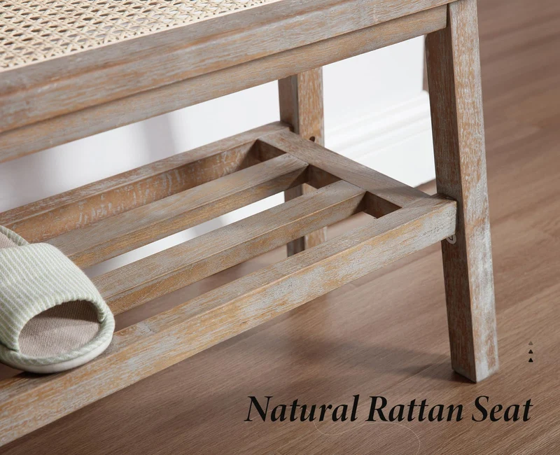 Wahson Banc à Entrée Moderne et Rétro Banc à Chaussures Banc de Rangement, Banc avec Étagère de Rangement, Banc Bois et Rotin pour Salon et Entrée, Beige