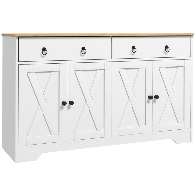 HOMCOM Buffet Meuble de Rangement Armoire de Cuisine Style Rural 2 tiroirs et 2 placards avec étagères à hauteurs réglables - dim. 121L x 37l x 75H cm Blanc