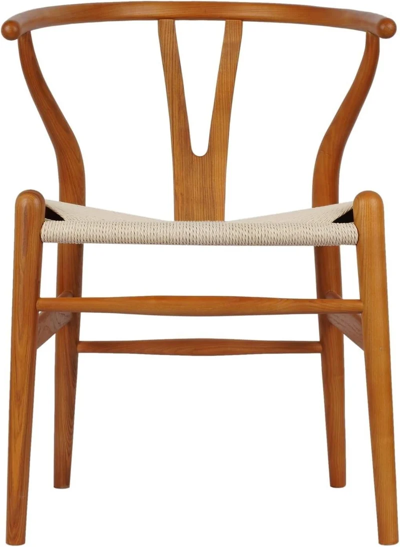 CEMELI Wishbone Lot de 2 chaises de salle à manger en bois massif naturel avec accoudoirs en rotin et bois