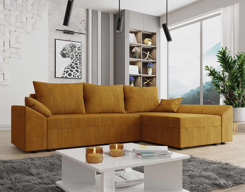 Best Mobilier - Mike - canapé d'angle réversible - 4 Places - Convertible avec Coffre - en Velours côtelé, Jaune