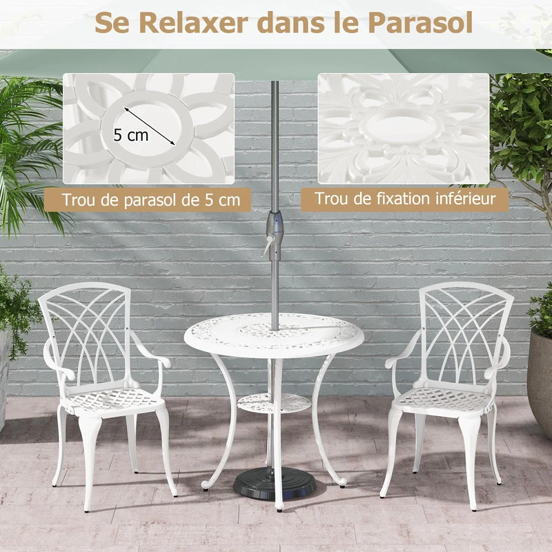 COSTWAY Ensemble Bistrot pour Patio 5 Pièces en Fonte d'Aluminium, Table Ronde avec Trou pour Parasol et 4 Chaises, Salon de Jardin Résistant aux Intempéries pour Jardin Terrasse, Blanc
