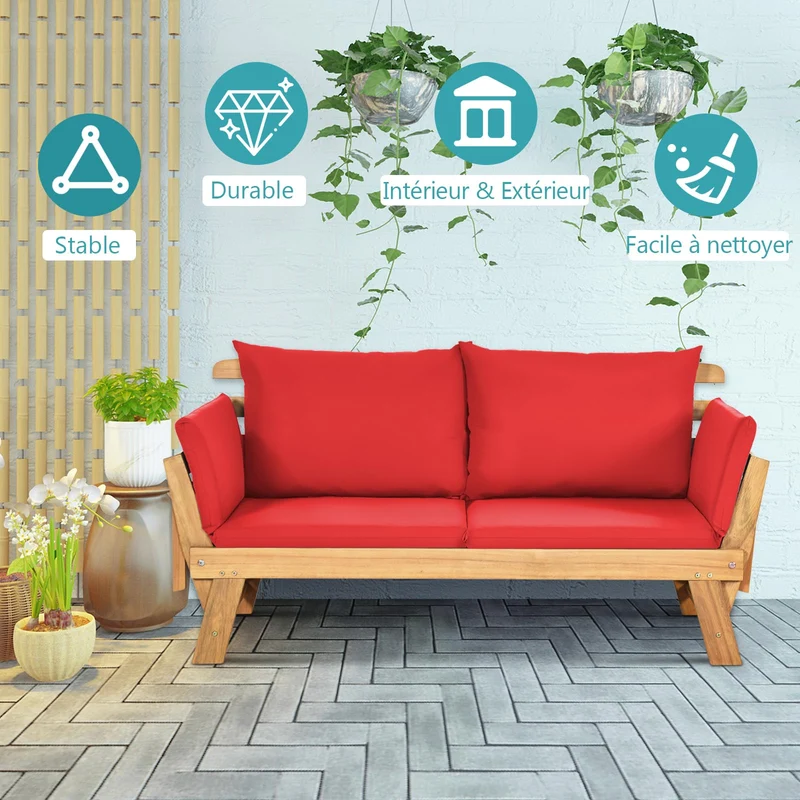 GOPLUS Canapé Lit de Jardin Extensible 2 Places Charge 320 KG, Accoudoirs Réglables, Coussins & Dossier Amovibles, Cadre en Bois d’Acacia Massif, pour Terrasse, Balcon, Parc, Patio（Coussin Rouge）