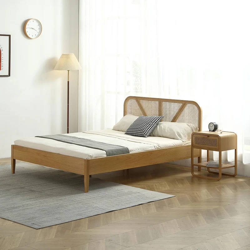 HOMIFAB Lit Adulte 160x200 cm en placage chêne avec tête de lit en Bois Massif et cannage Naturel - Leonie