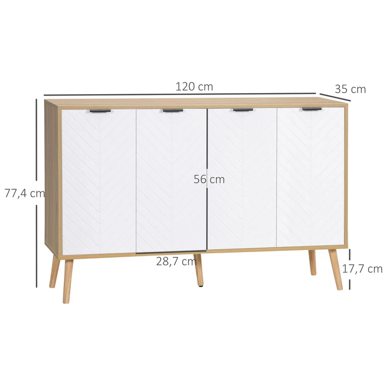 HOMCOM Buffet Bas, Meuble de Rangement, étagères réglables, 2 placards, 4 Portes Motif Chevrons, pour Cuisine, Salle à Manger, Salon, 120 x 35 x 77,4 cm, Blanc