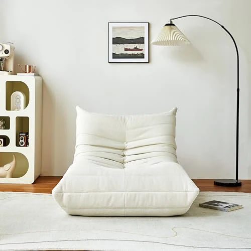 jeerbly Lazy Pouf en laine d'agneau - Canapé simple - Fauteuil de cheminée - Pour salon - Chaise simple - Chaise de sol - Mousse haute densité - Doux - Beige