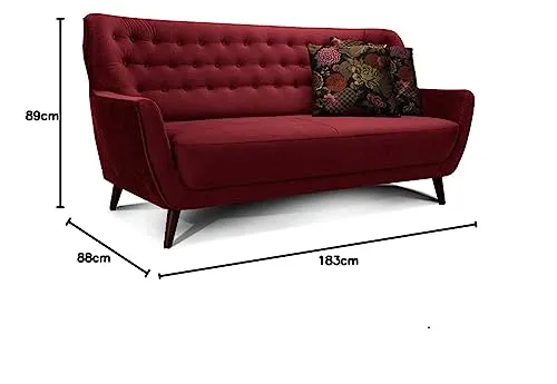 Cavadore Abby Canapé 3 Places avec Capitonnage à Boutons, Style Rétro, Aspect Velours, 183 x 89 x 88 cm, Rouge