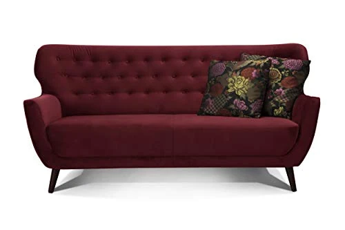 Cavadore Abby Canapé 3 Places avec Capitonnage à Boutons, Style Rétro, Aspect Velours, 183 x 89 x 88 cm, Rouge