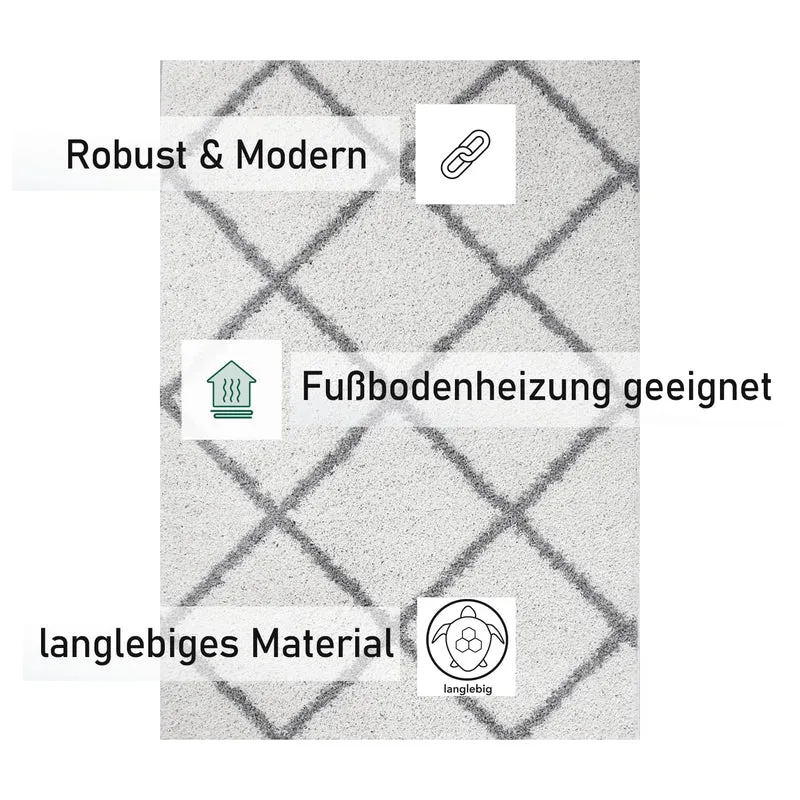 VIMODA Poils Longs Shaggy Tapis Rugueuse Design Crème Gris Moderne - Blanc, 120x170 cm