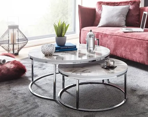 WOHNLING KADIMA DESIGN set de 2 table basse aspect marbre blanc argent table basse ronde moderne, 80 x 80 x 36 cm