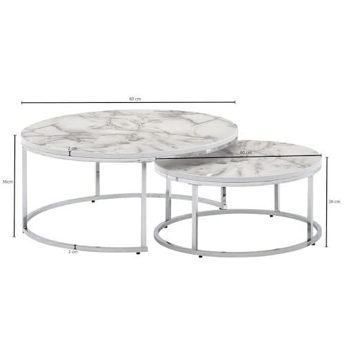 WOHNLING KADIMA DESIGN set de 2 table basse aspect marbre blanc argent table basse ronde moderne, 80 x 80 x 36 cm