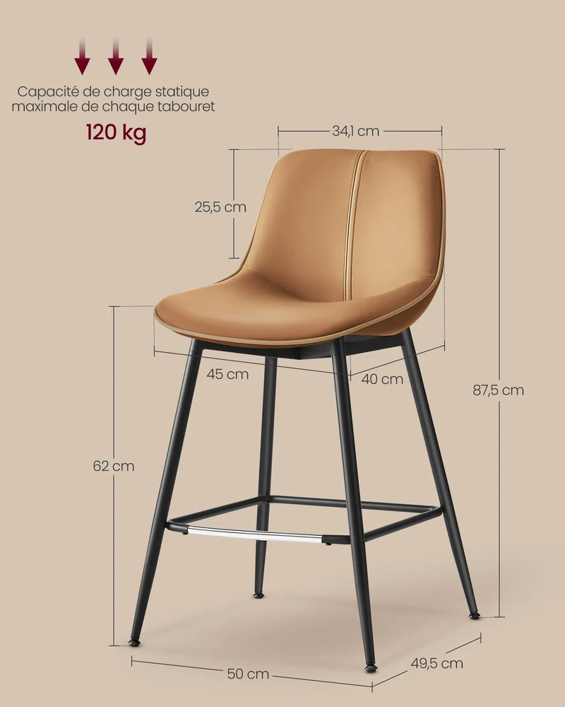 VASAGLE Tabourets de Bar, Lot de 2, Tabourets de Cuisine, Ergonomique, PU, Structure Métallique avec Pieds Réglables Articulés, 62 cm de Hauteur, Bar, Montage Facile, Marron Chameau LBC088K01