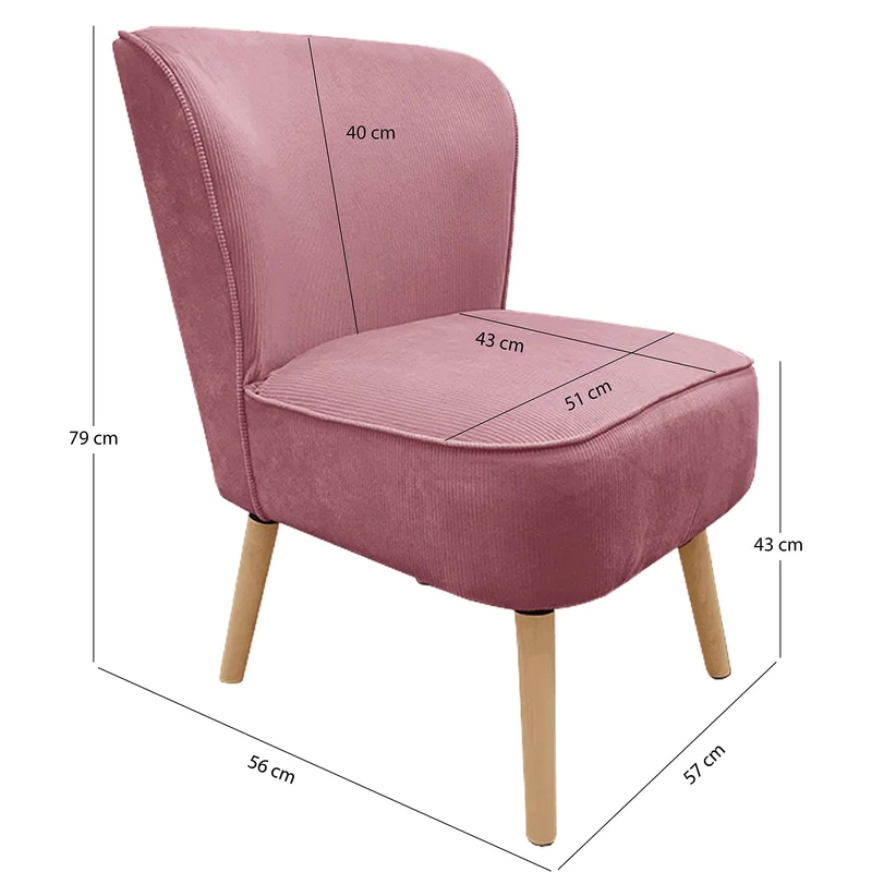 Meubletmoi Fauteuil Bas, Structure en Bois de pin, Tissu Finition Velours côtelé Rose et piètement en Bois de Bouleau - Natsu
