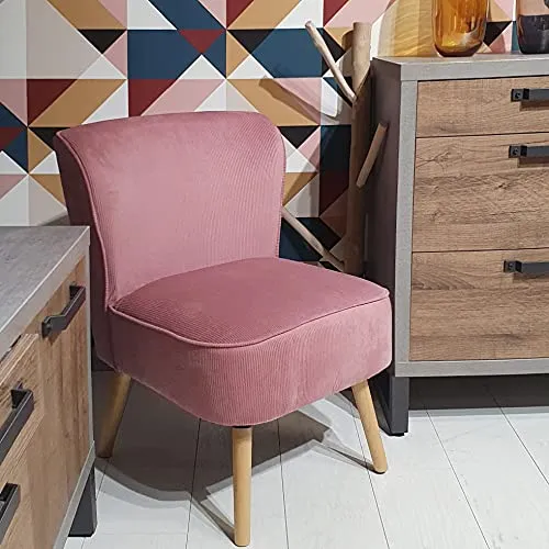 Meubletmoi Fauteuil Bas, Structure en Bois de pin, Tissu Finition Velours côtelé Rose et piètement en Bois de Bouleau - Natsu