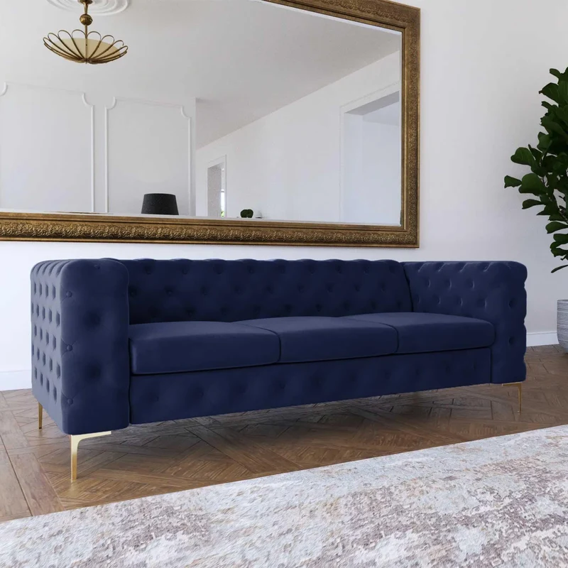 Mobilier-Deco Darcy - Canapé Chesterfield 3 Places en Velours Bleu