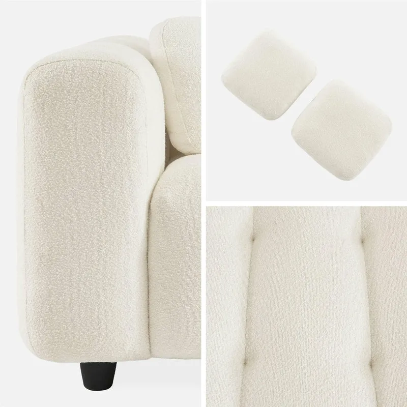sweeek - Canapé 3 Places en Bouclette texturée capitonné Blanc crème - Structure Bois d'eucalyptus et contreplaqué