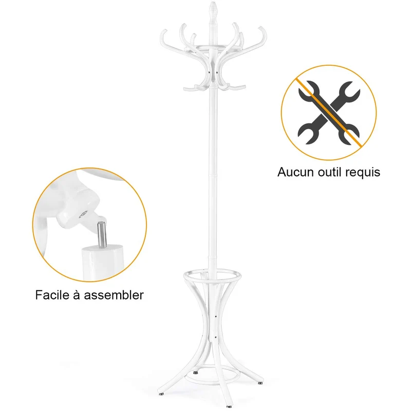 GOPLUS Porte-Manteau sur Pied au Style Industriel, 12 Crochets en Bois Massif, Support Manteau/Parapluie/Chapeau, 51 x 51 x 184CM (Blanc)