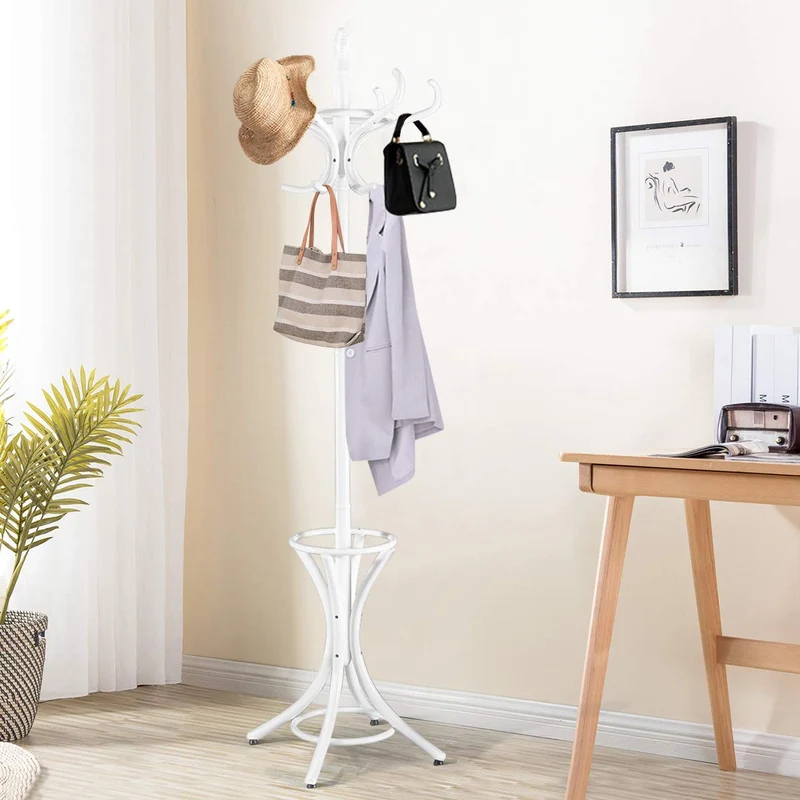 GOPLUS Porte-Manteau sur Pied au Style Industriel, 12 Crochets en Bois Massif, Support Manteau/Parapluie/Chapeau, 51 x 51 x 184CM (Blanc)