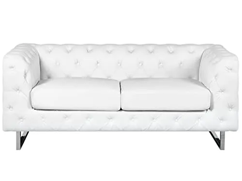 Canapé Fixe 2 Places Style Chesterfield Capitonnés en Cuir PU Blanc avec Pieds en Acier Inox Top Tendance pour Salon Chic et Glamour Beliani