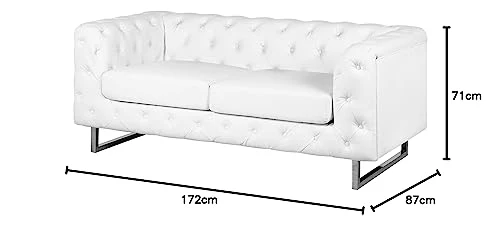 Canapé Fixe 2 Places Style Chesterfield Capitonnés en Cuir PU Blanc avec Pieds en Acier Inox Top Tendance pour Salon Chic et Glamour Beliani