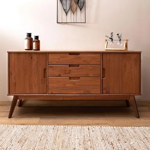 IDIMEX Buffet Tivoli Style scandinave Design Vintage Nordique Commode bahut vaisselier avec 3 tiroirs et 2 Portes battantes, en pin Massif lasuré Brun foncé