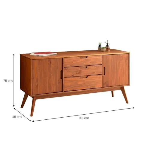 IDIMEX Buffet Tivoli Style scandinave Design Vintage Nordique Commode bahut vaisselier avec 3 tiroirs et 2 Portes battantes, en pin Massif lasuré Brun foncé