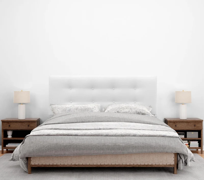 DHOME Tête de lit en Similicuir ou en Tissu acualine avec 2 rangées de Boutons Nouvelle Gamme DE Couleurs Tête de lit de Luxe tapissée (Tissu Blanc, 145x105cm avec Pieds (Lits 120/135/140))