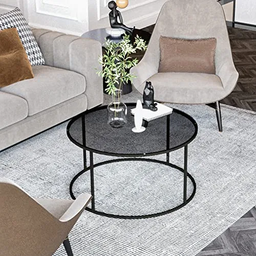 [en.casa] Table Basse Ronde pour Salon Métal Verre Trempé Fumé 45 x 80 cm Noir Transparent