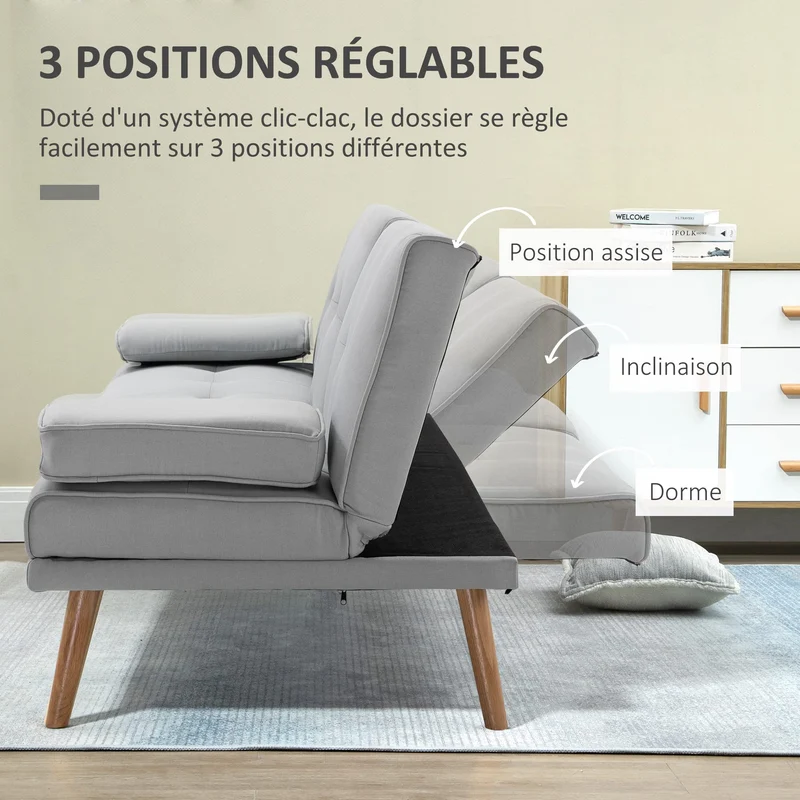 HOMCOM Canapé Convertible 3 Places Design scandinave Inclinaison Dossier réglable 3 Niveaux Dossier Centrale Rabattable 2 Porte-Verres Bois Massif Lin Gris Clair