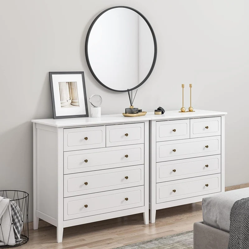 FOREHILL Commode Chambre Commode avec 5 Tiroirs Meuble de Rangement Chambre Adulte Commode Blanche Salon Moderne en Bois 80x40x80cm