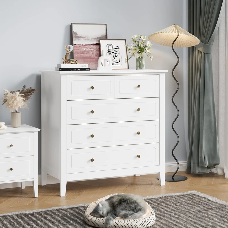 FOREHILL Commode Chambre Commode avec 5 Tiroirs Meuble de Rangement Chambre Adulte Commode Blanche Salon Moderne en Bois 80x40x80cm