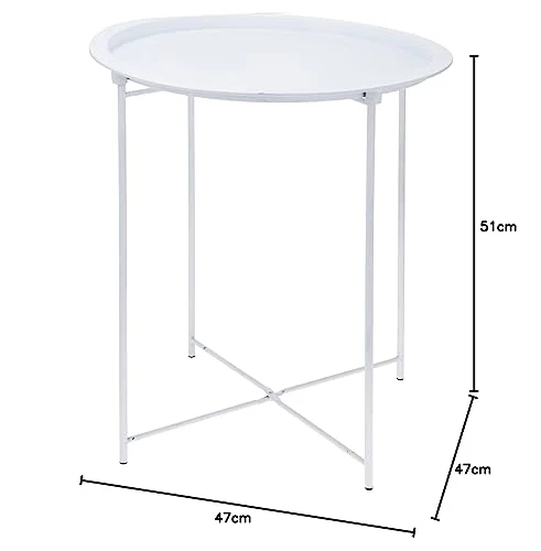 Table d'appoint en métal blanc avec plateau – 51 x 47 cm – Table basse design avec cadre pliable – Canapé décoratif à fleurs