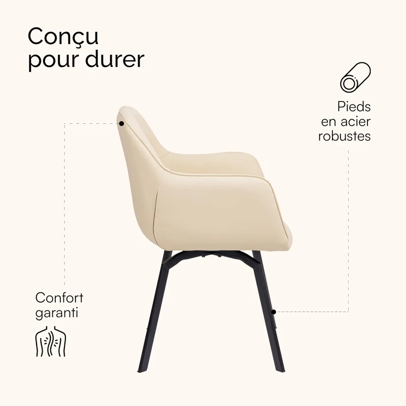 Baroni Home Fauteuil Moderne Pivotant avec Accoudoirs et Revêtement en Simili Cuir et Pieds en Acier Noir, Chaise Ergonomique de Salon, Chambre à Coucher, Chaise de Lecture, Beige, 55x85x47 cm